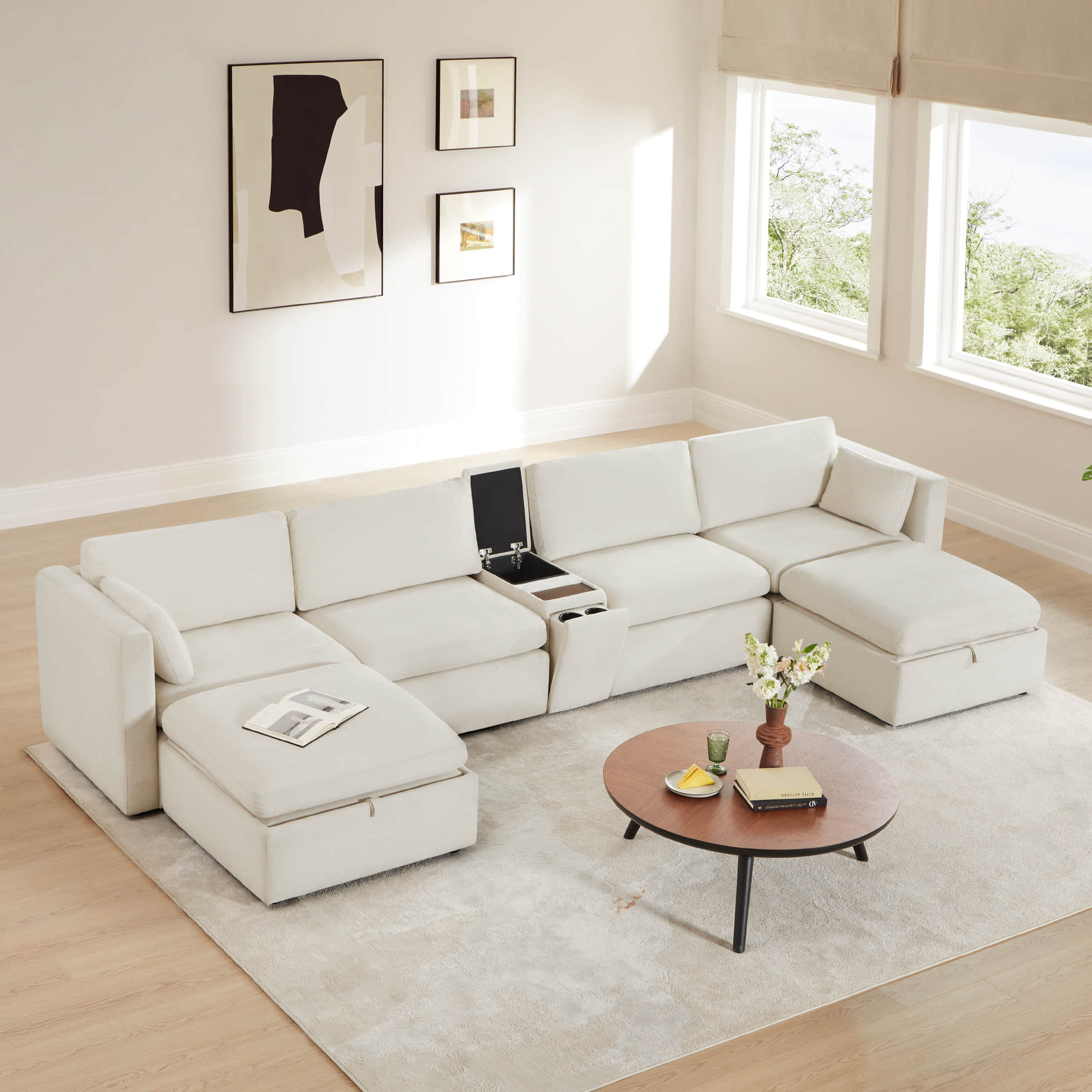 Delaney 6-Seat Modular Sofa Chaise with Storage Ottomans - Image 11