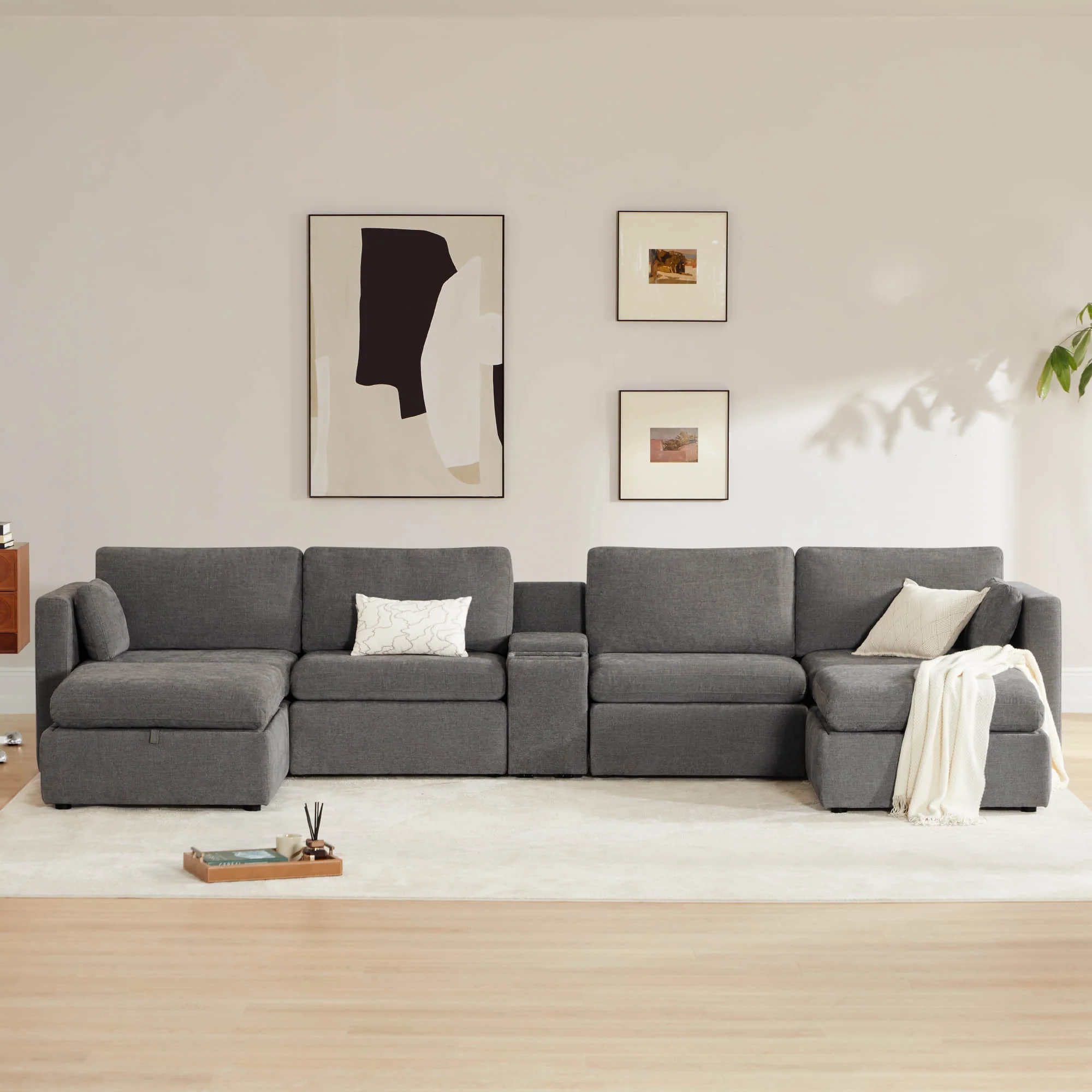 Delaney 6-Seat Modular Sofa Chaise with Storage Ottomans - Image 27