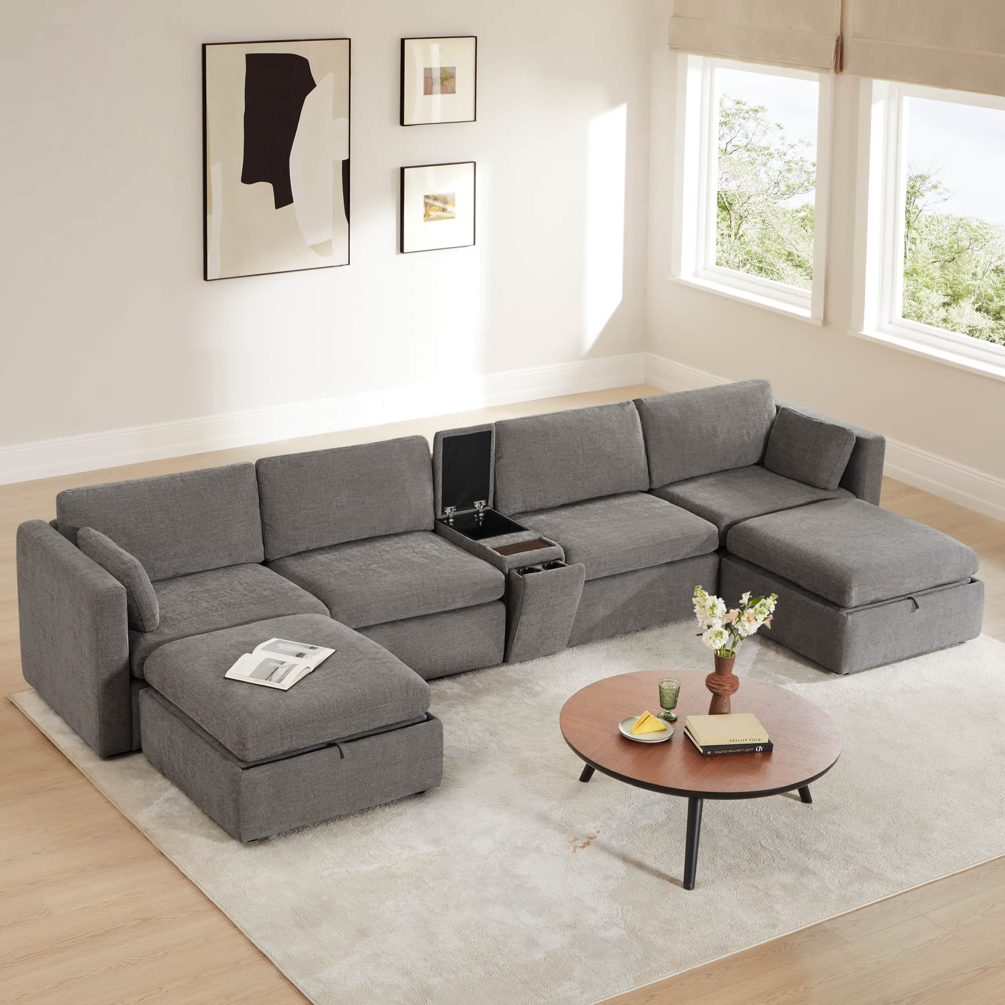 Delaney 6-Seat Modular Sofa Chaise with Storage Ottomans - Image 28