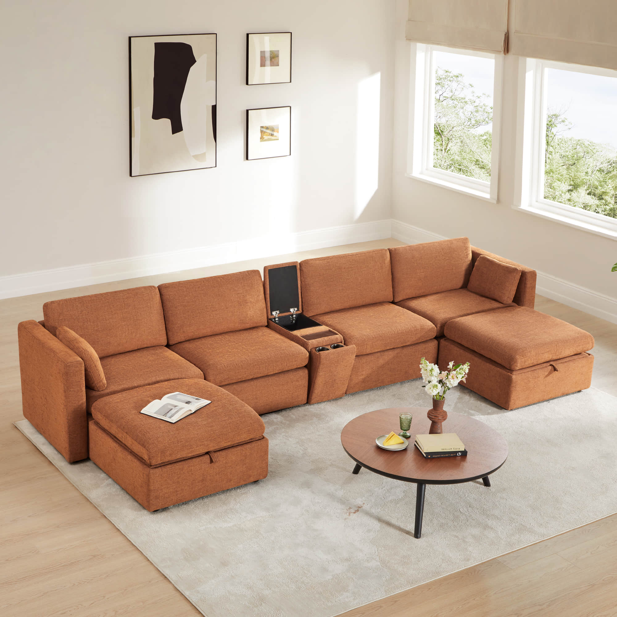 Delaney 6-Seat Modular Sofa Chaise with Storage Ottomans - Image 37