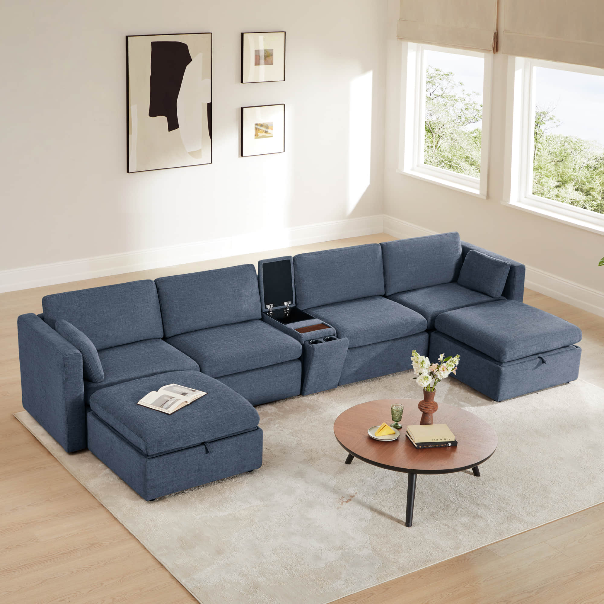Delaney 6-Seat Modular Sofa Chaise with Storage Ottomans - Image 52
