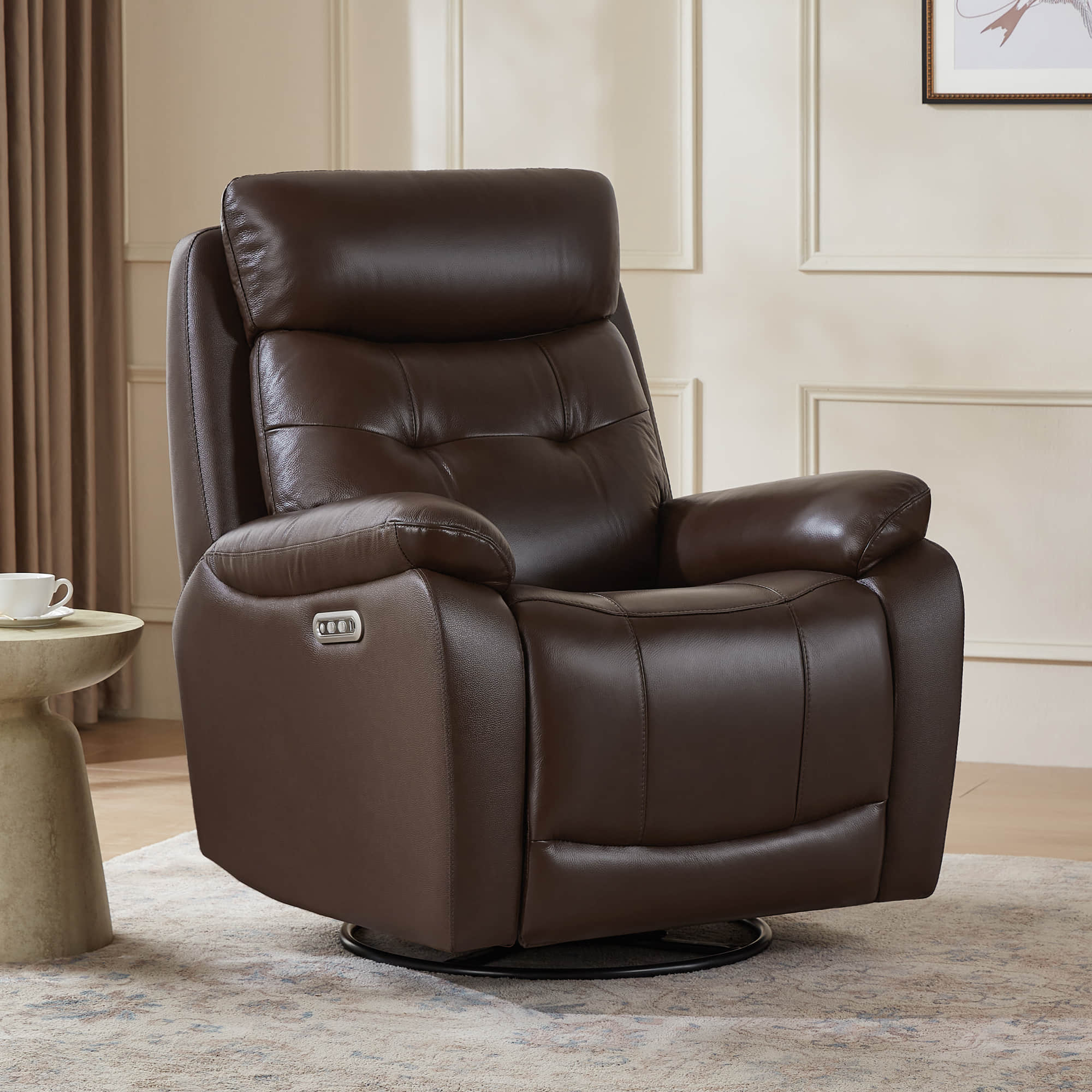 Keith Leather Swivel Glider Recliner with Power Headrest - Image 3